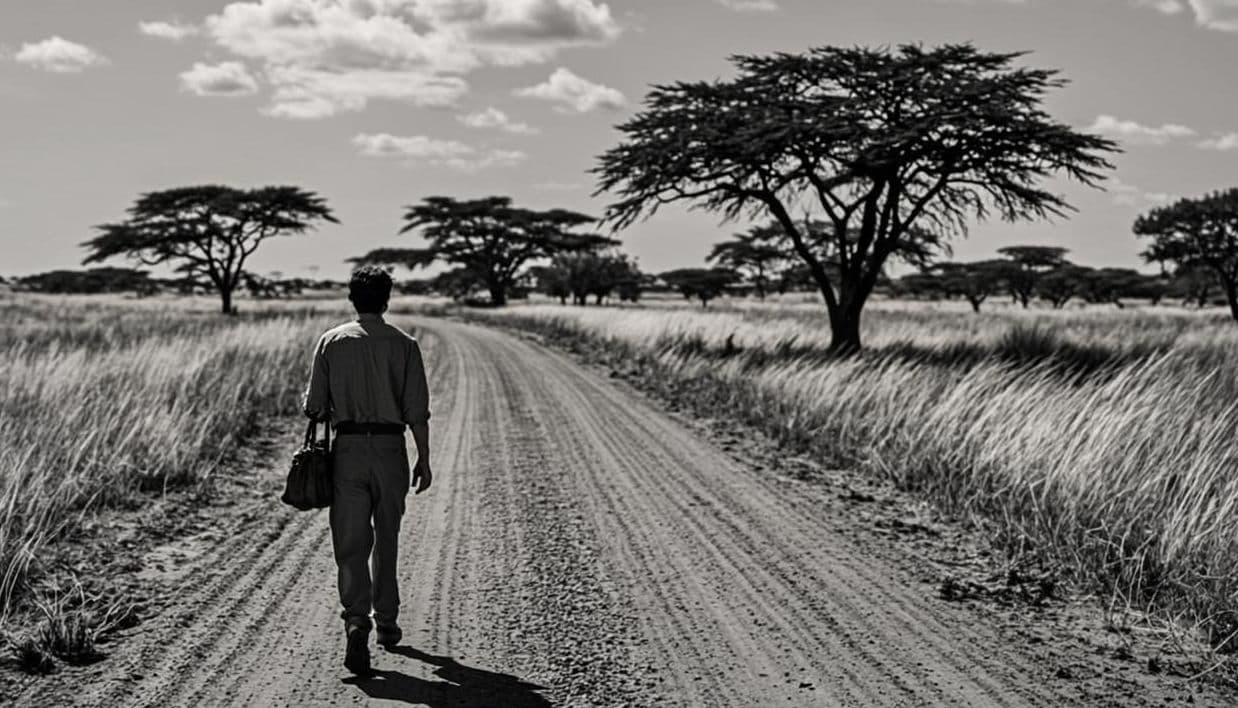 Period study in the 1947 documentary register: a gravel road forking across the Namibian veld, a lone figure with a satchel walking the left path