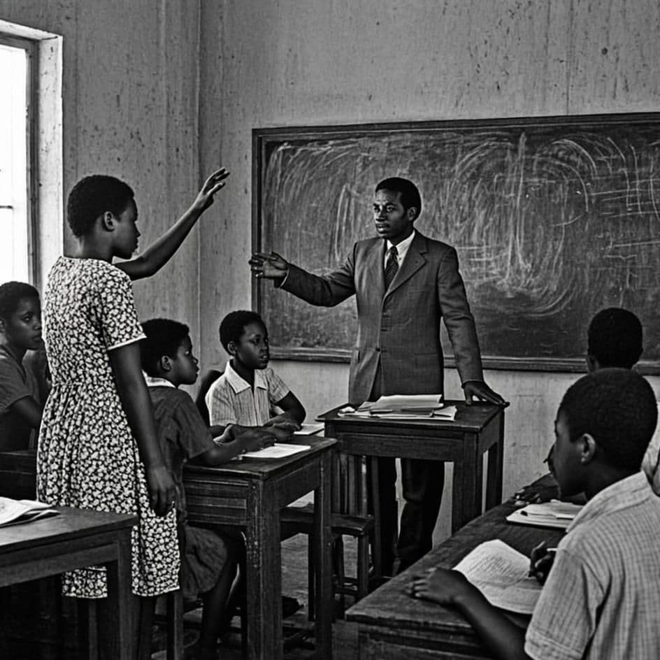 Period study in the 1947 documentary register: a teacher mid-gesture at the blackboard, chalk dust in the air, students mid-motion at wooden desks