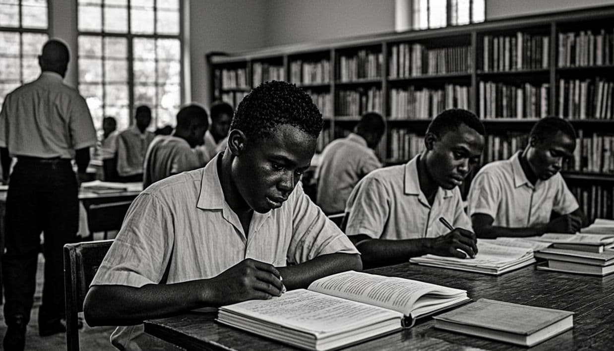 Period study in the 1947 documentary register: a reading room with students leaning over open books, one walking through with a stack