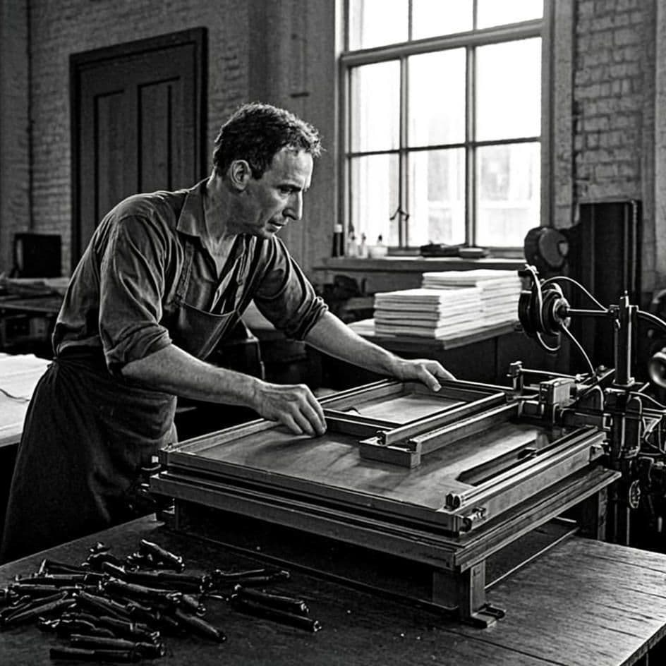 Period study in the 1947 documentary register: a printer pulling the lever of a flatbed letterpress, freshly printed sheets stacked beside