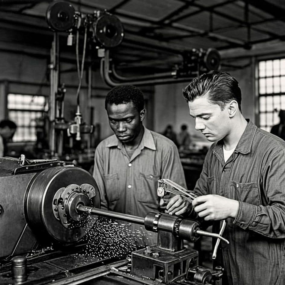 Period study in the 1947 documentary register: an apprentice at a belt-driven lathe, swarf curling off the tool, another measuring with calipers