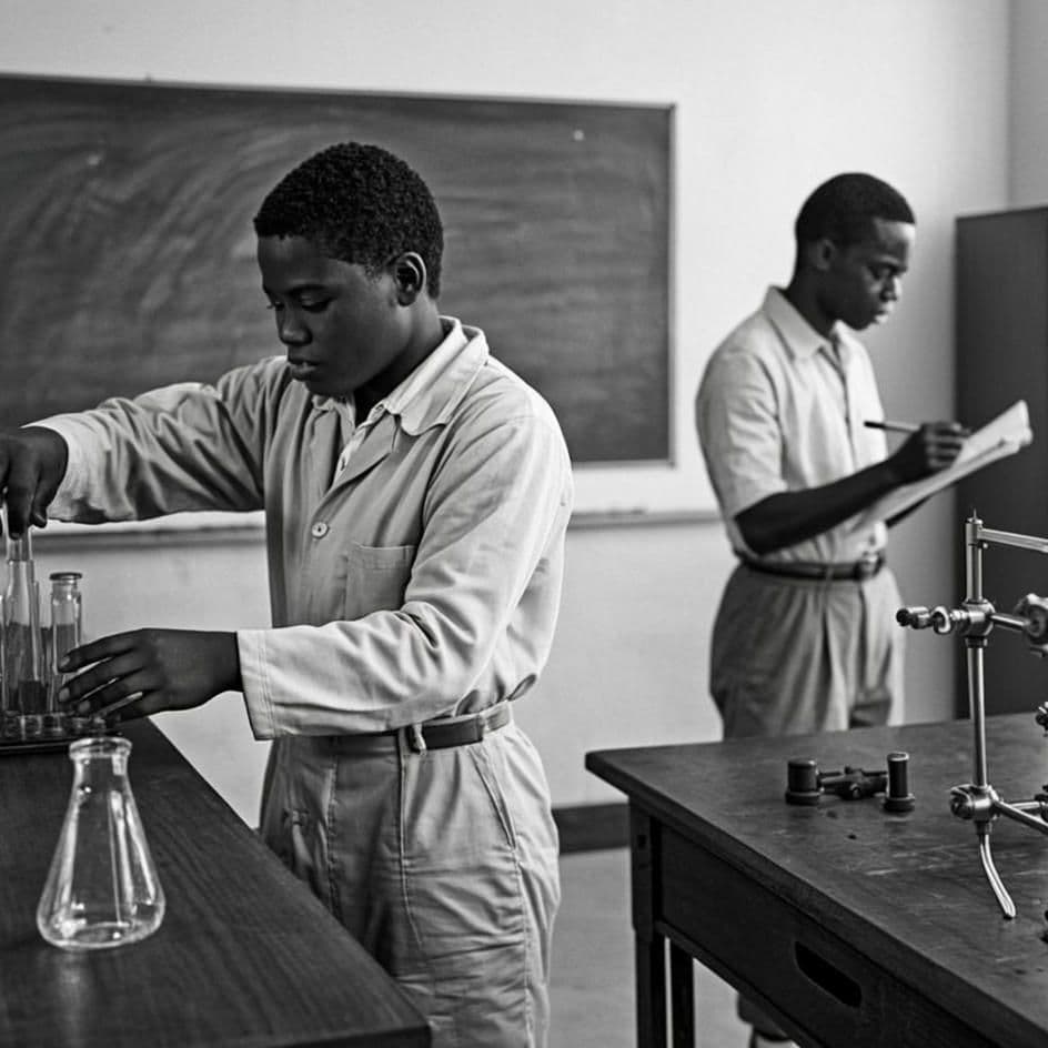 Period study in the 1947 documentary register: a laboratory with glass beakers and brass instruments, a student pouring mid-motion