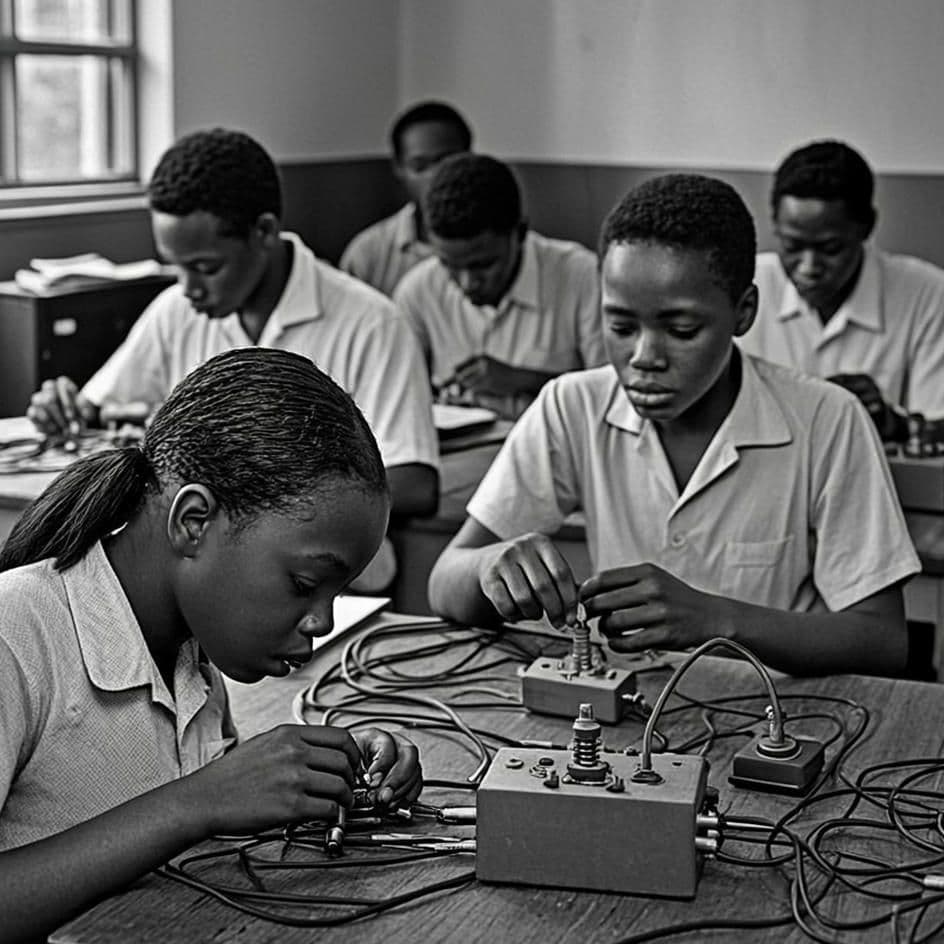 Period study in the 1947 documentary register: students bent over valve radio sets in a workshop, soldering, one walking past with a chassis