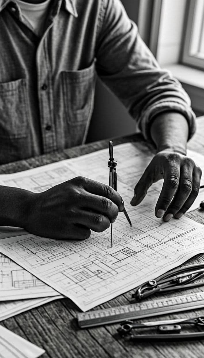 Period study in the 1947 documentary register: the hands of an apprentice holding a drafting compass over a technical drawing