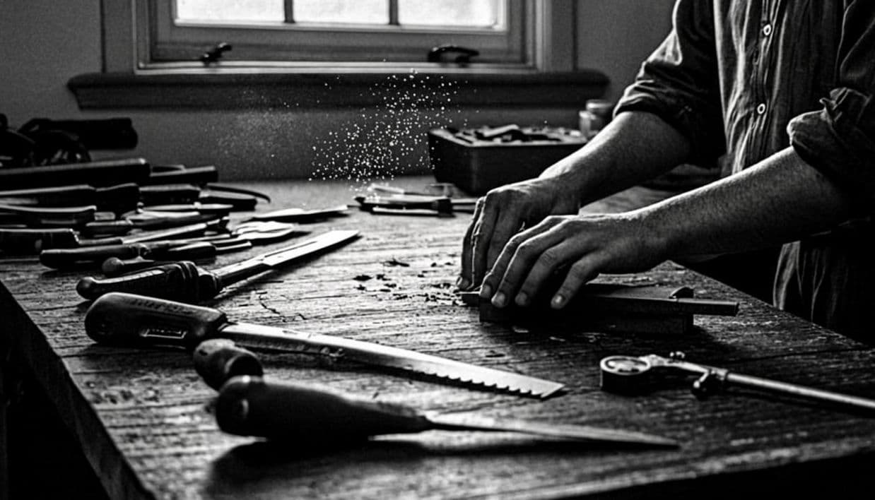 Period study in the 1947 documentary register: a workshop bench with drafting instruments and calipers in rows, a hand reaching for a micrometer