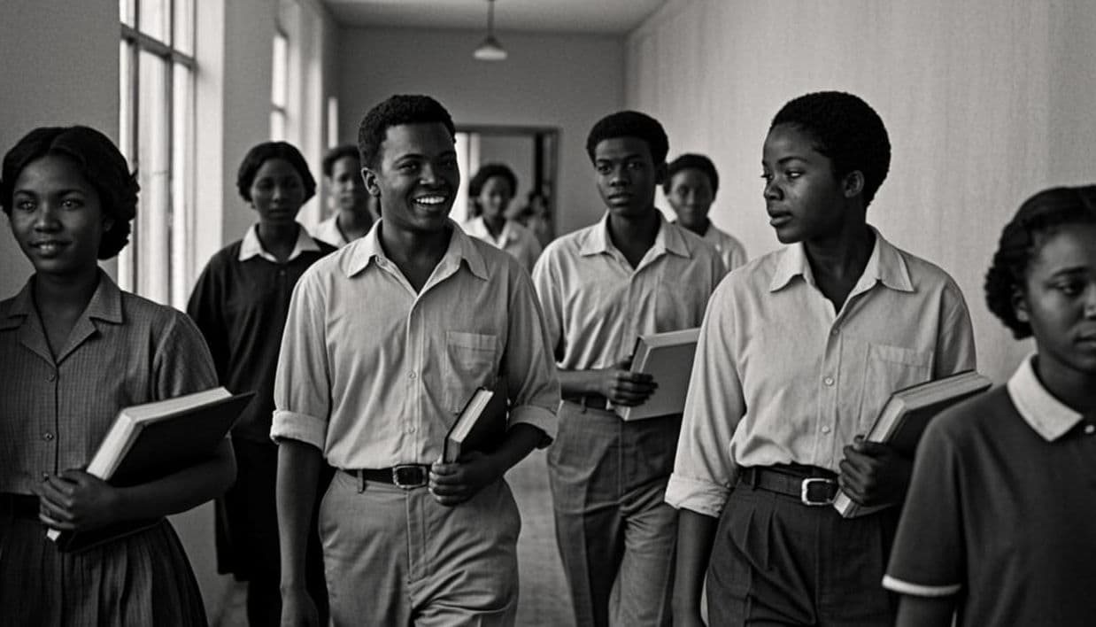 Period study in the 1947 documentary register: students and a teacher striding through a tall doorway mid-stride, one laughing, books under arms