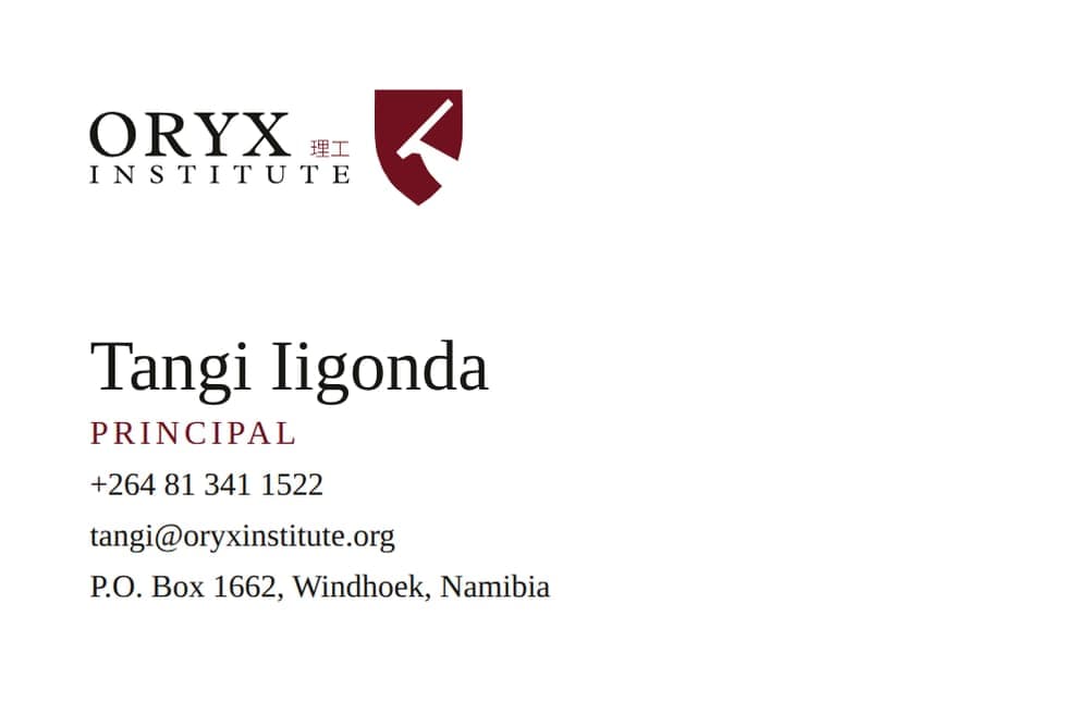 Oryx Institute business card, reverse with contact details