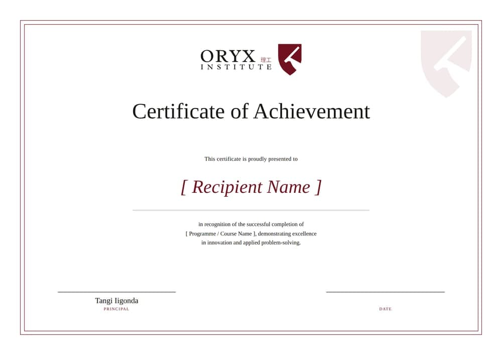 An Oryx Institute certificate of achievement
