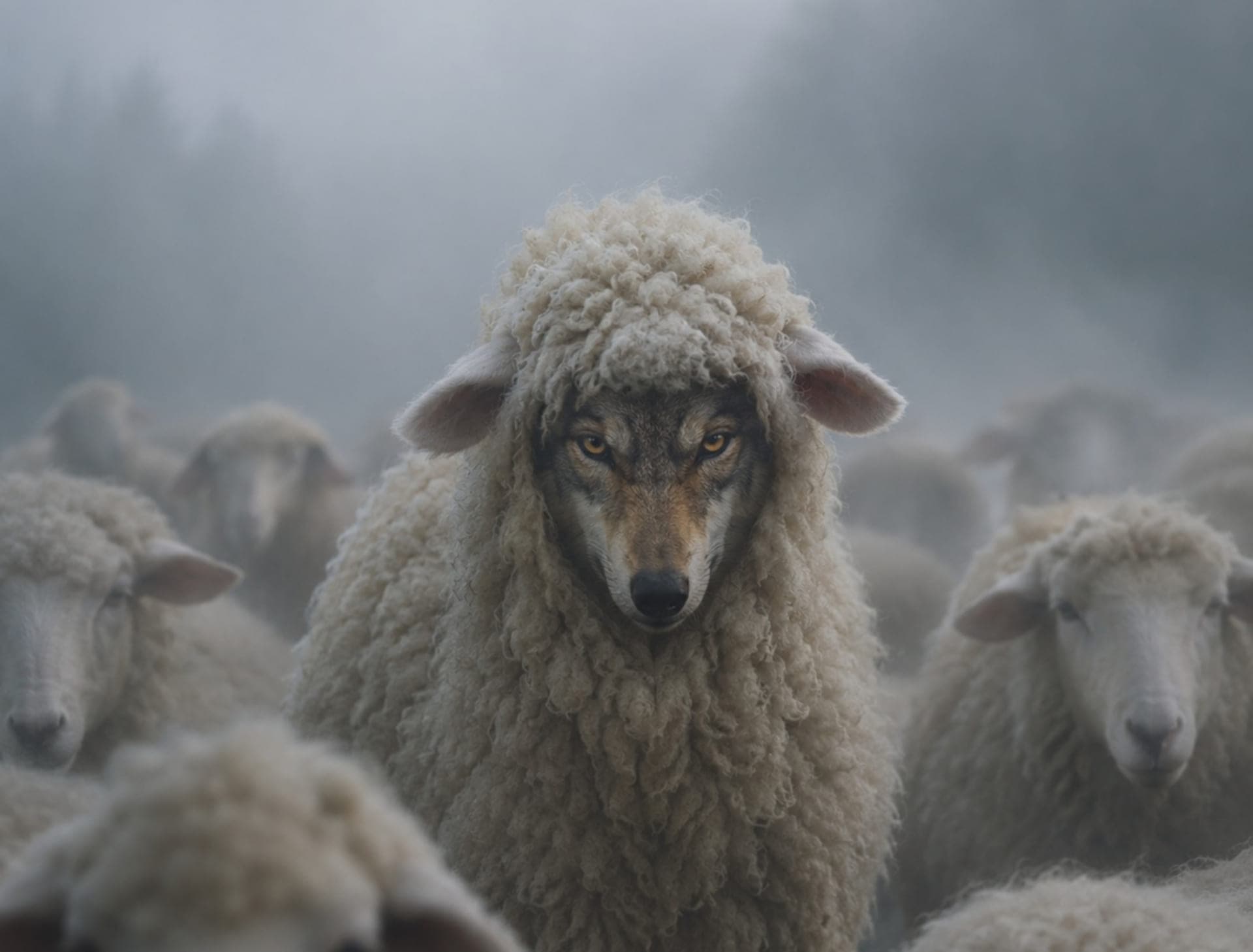 A wolf wearing a sheep's fleece, staring straight out of the frame